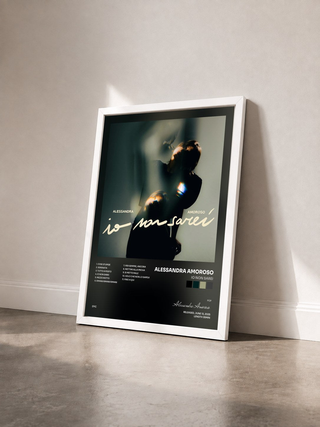 #blanc Tableau de l'album IO NON SAREI de Alessandra Amoroso vu de trois quarts, cadre blanc