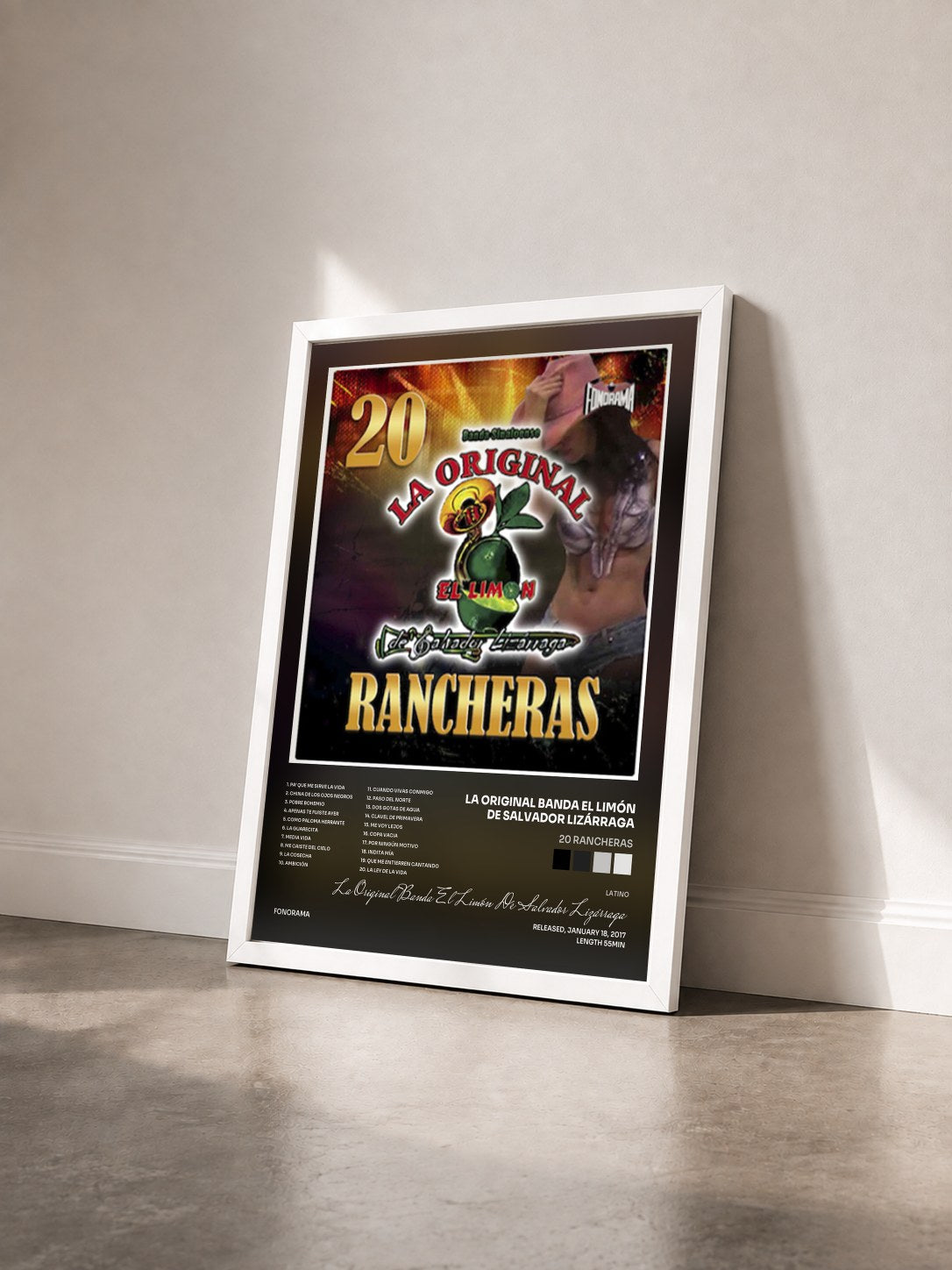 #blanc Tableau de l'album 20 Rancheras de La Original Banda El Limón De Salvador Lizárraga vu de trois quarts, cadre blanc