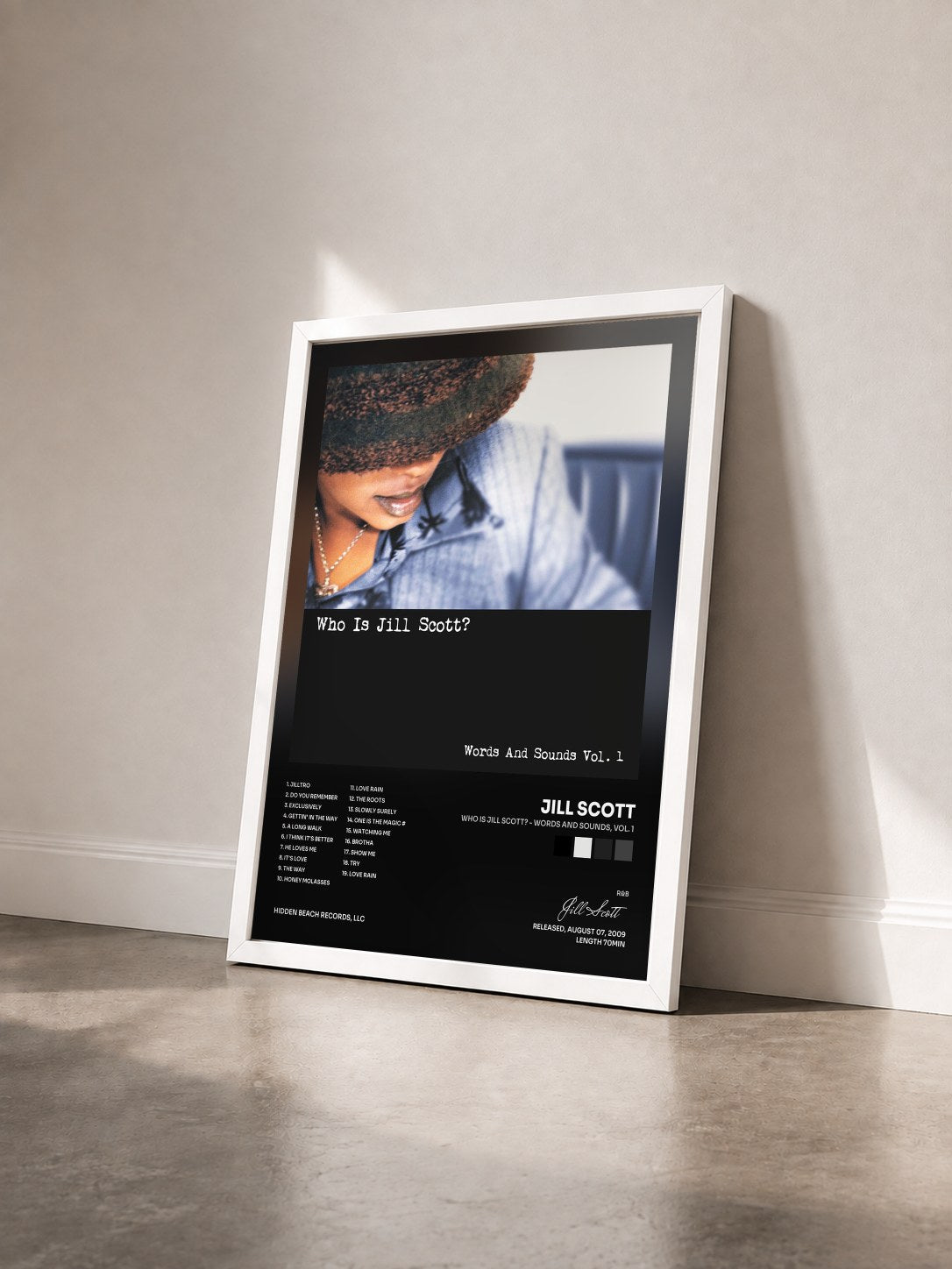 #blanc Tableau de l'album Who Is Jill Scott? - Words and Sounds, Vol. 1 de Jill Scott vu de trois quarts, cadre blanc