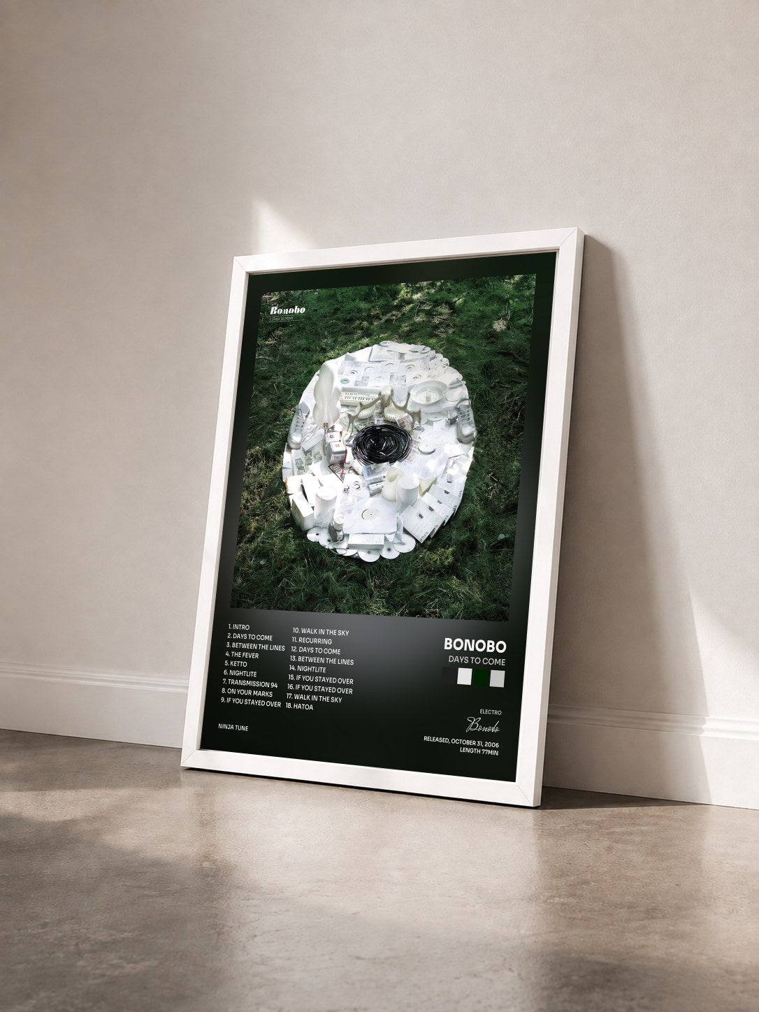 #blanc Tableau de l'album Days To Come de Bonobo vu de trois quarts, cadre blanc