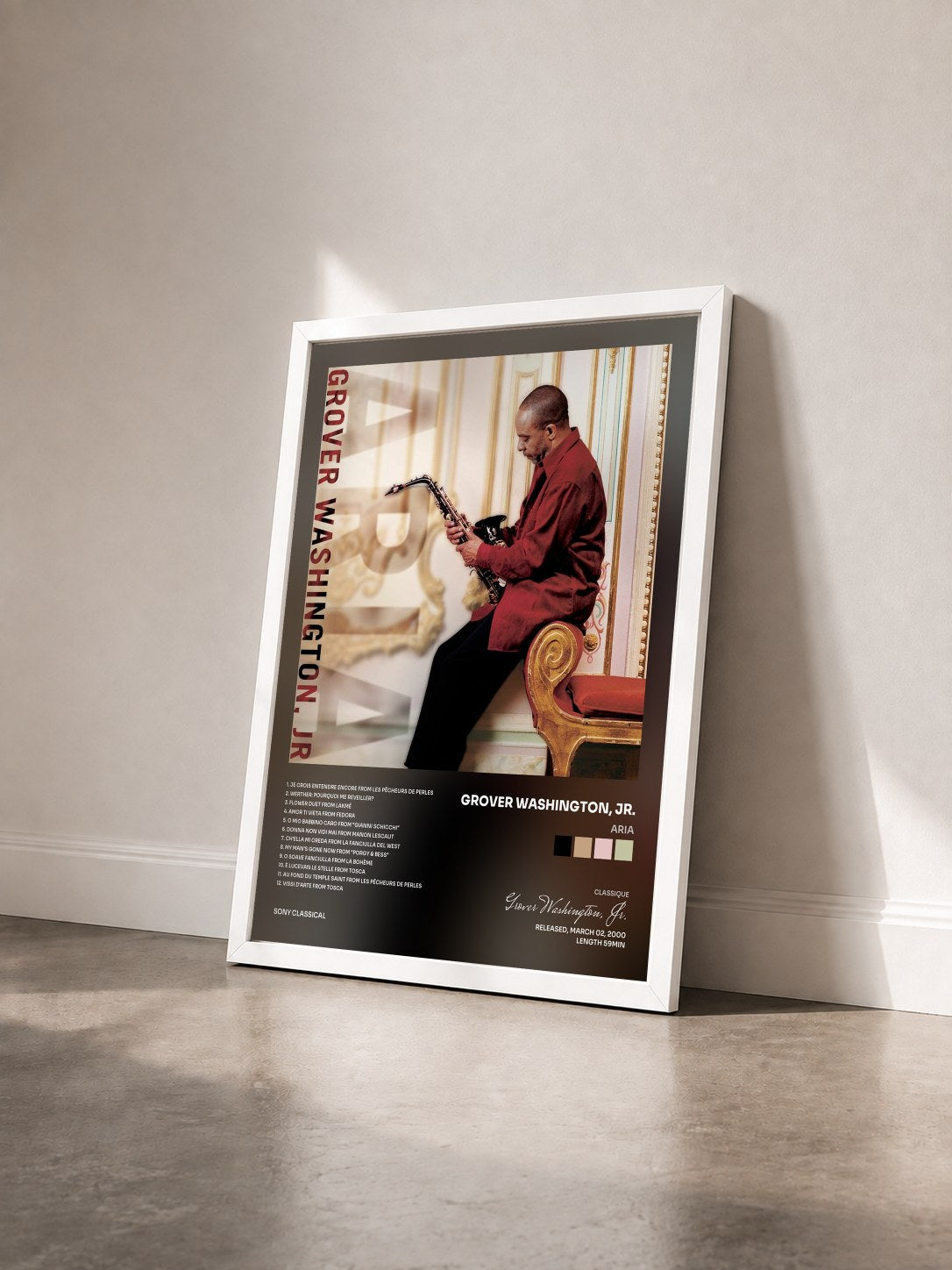 #blanc Tableau de l'album Aria de Grover Washington, Jr. vu de trois quarts, cadre blanc