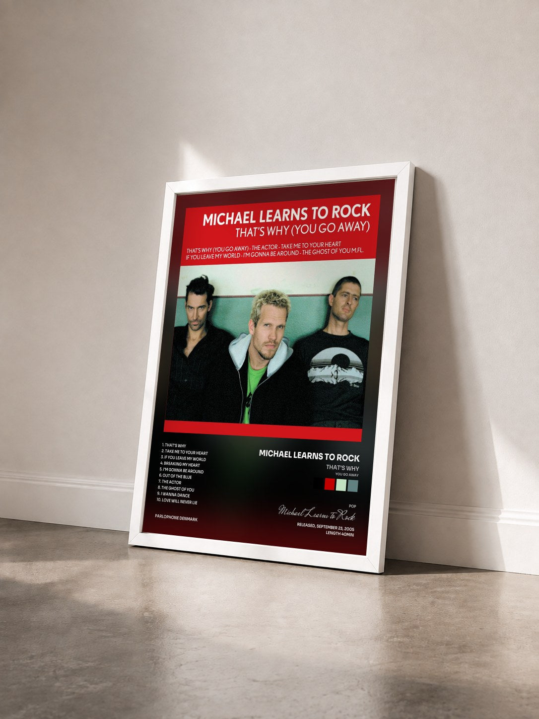 #blanc Tableau de l'album That's Why (You Go Away) de Michael Learns to Rock vu de trois quarts, cadre blanc