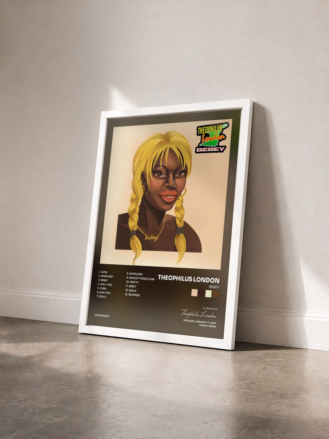 #blanc Tableau de l'album Bebey de Theophilus London vu de trois quarts, cadre blanc