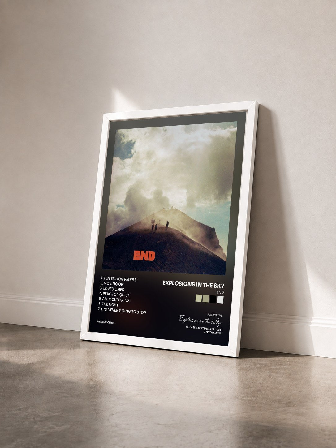 #blanc Tableau de l'album End de Explosions in the Sky vu de trois quarts, cadre blanc