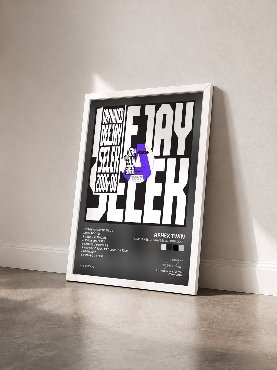 #blanc Tableau de l'album orphaned deejay selek 2006-2008 de Aphex Twin vu de trois quarts, cadre blanc
