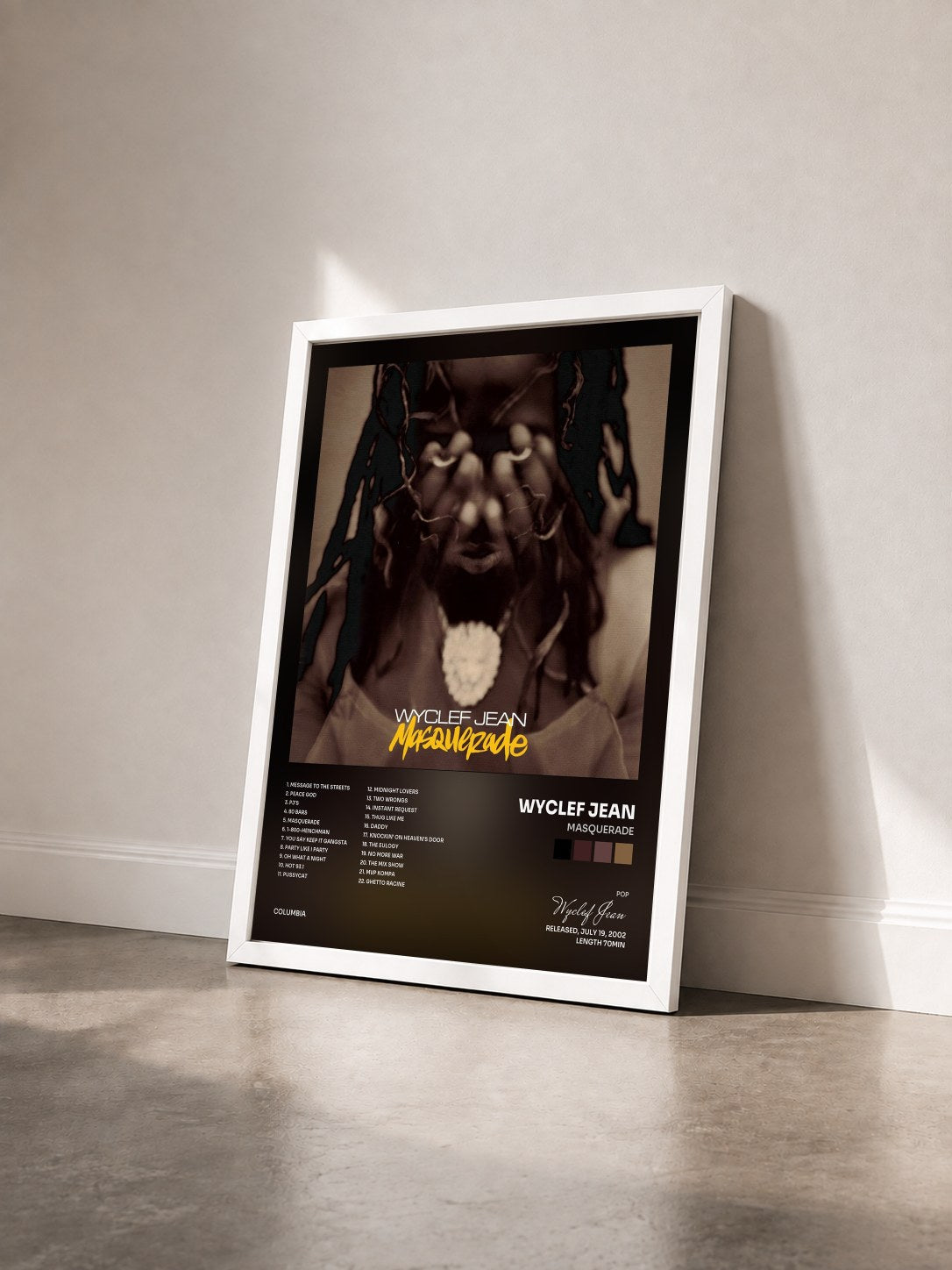 #blanc Tableau de l'album Masquerade de Wyclef Jean vu de trois quarts, cadre blanc