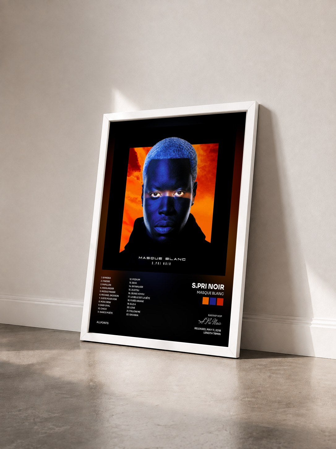 #blanc Masque blanc by S.Pri Noir as a framed art print seen at an angle, white frame