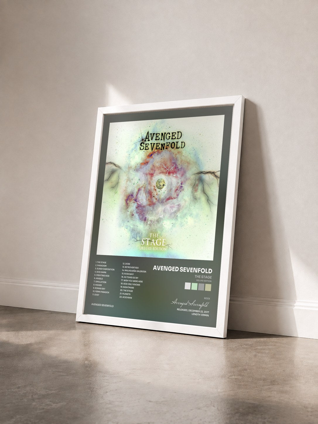 #blanc The Stage (Deluxe Edition) by Avenged Sevenfold as a framed art print seen at an angle, white frame