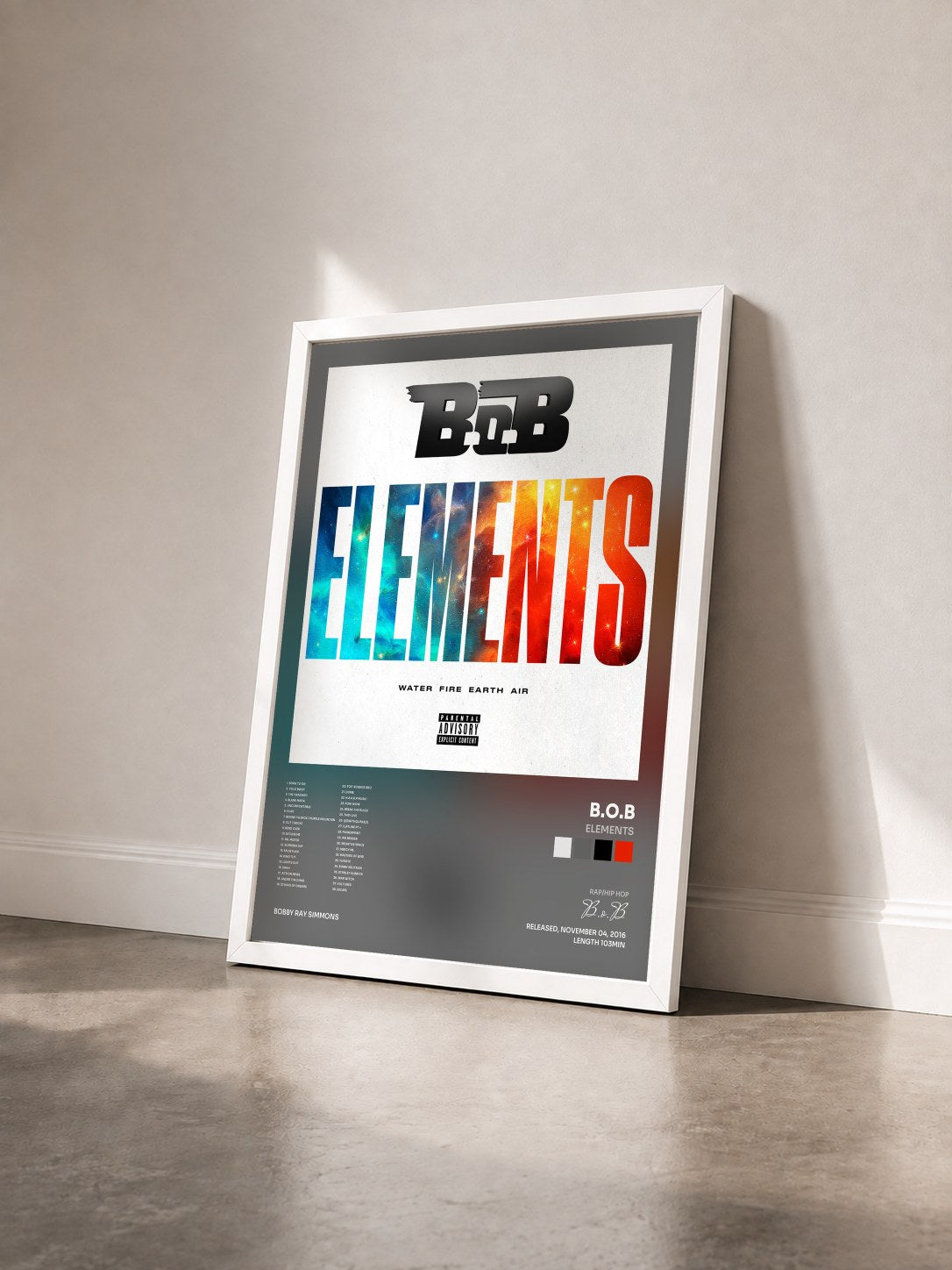 #blanc Tableau de l'album Elements de B.o.B vu de trois quarts, cadre blanc