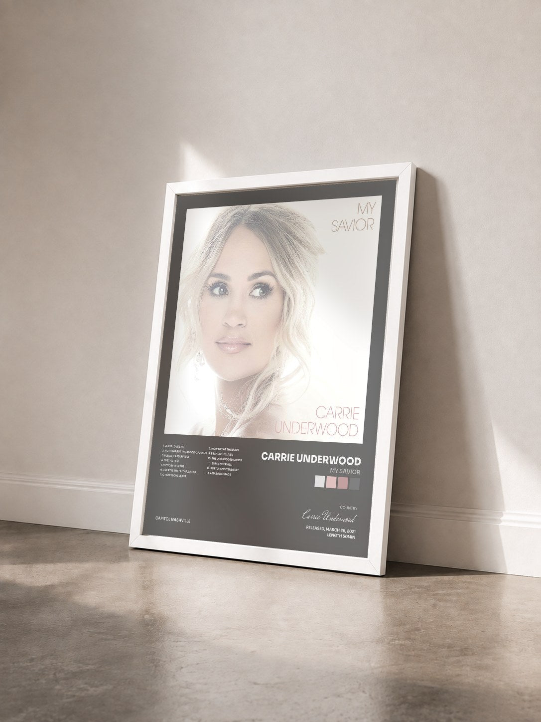 #blanc Tableau de l'album My Savior de Carrie Underwood vu de trois quarts, cadre blanc