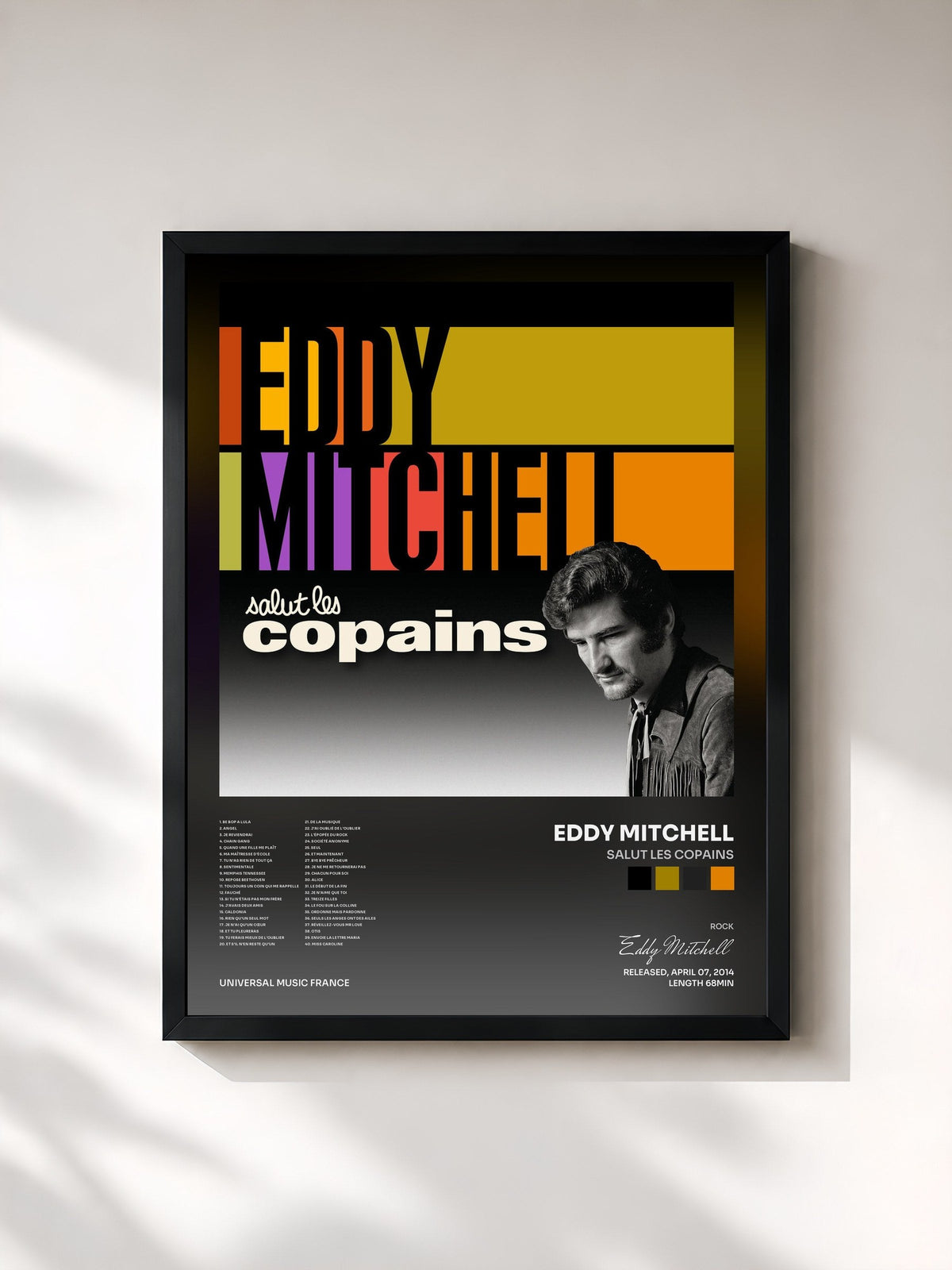 #noir Tableau de l'album Salut Les Copains de Eddy Mitchell, cadre noir, imprimé et encadré en France