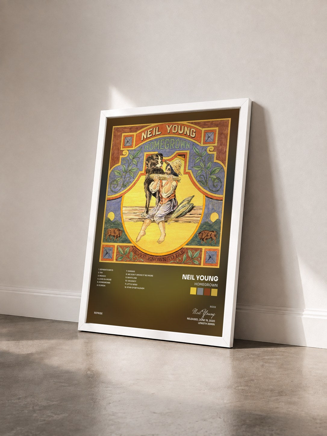 #blanc Tableau de l'album Homegrown de Neil Young vu de trois quarts, cadre blanc