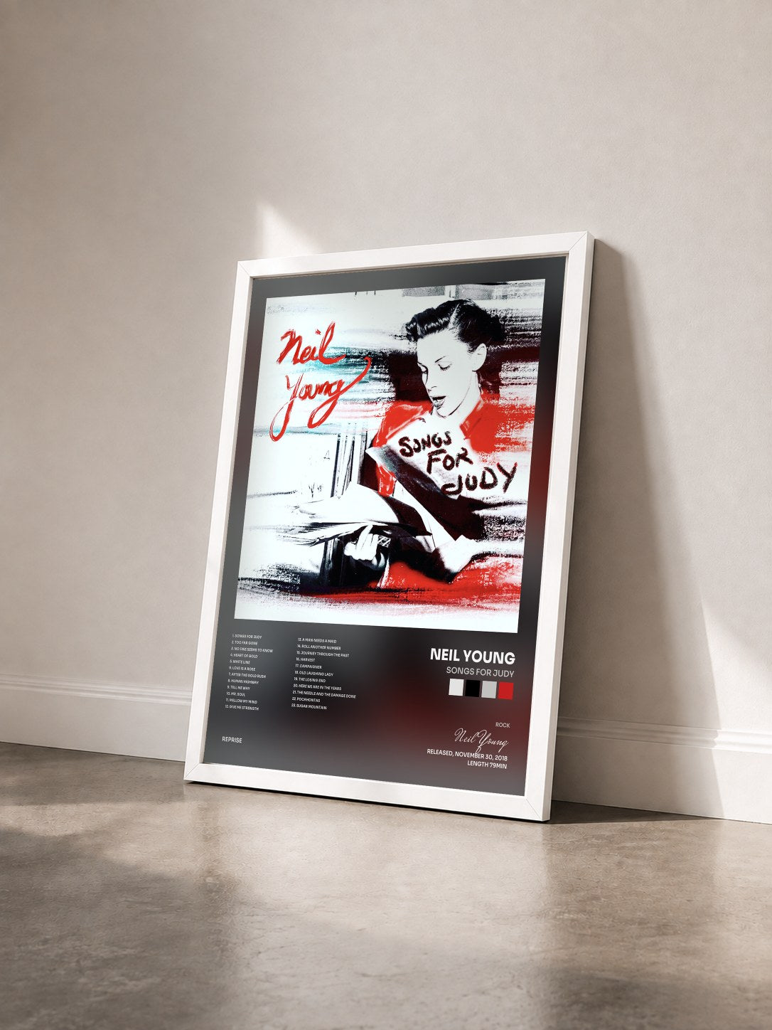#blanc Tableau de l'album Songs for Judy de Neil Young vu de trois quarts, cadre blanc