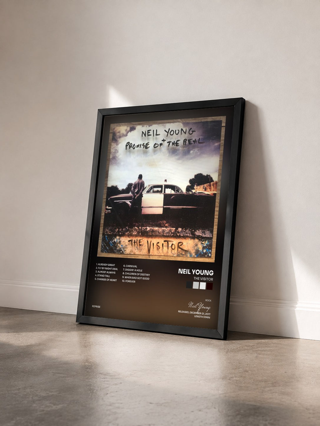 #noir Tableau de l'album The Visitor de Neil Young vu de trois quarts, cadre noir