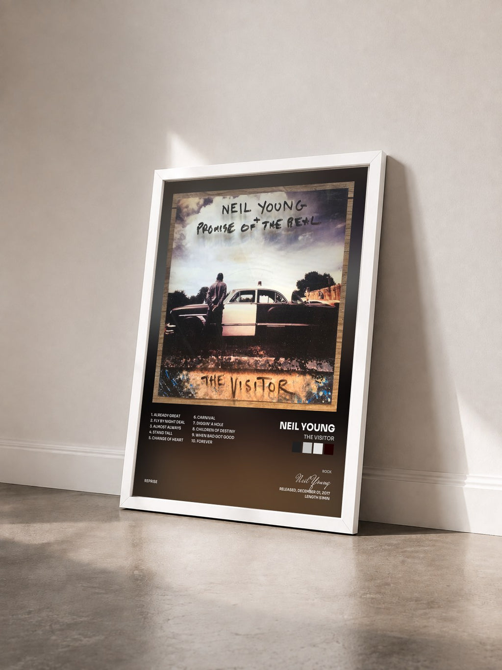 #blanc Tableau de l'album The Visitor de Neil Young vu de trois quarts, cadre blanc
