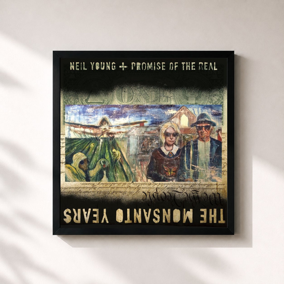 #noir Tableau carré de l'album The Monsanto Years de Neil Young, cadre noir 32x32 cm