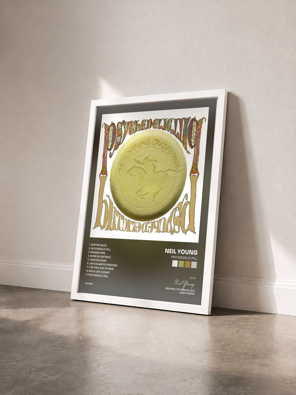 #blanc Tableau de l'album Psychedelic Pill de Neil Young vu de trois quarts, cadre blanc