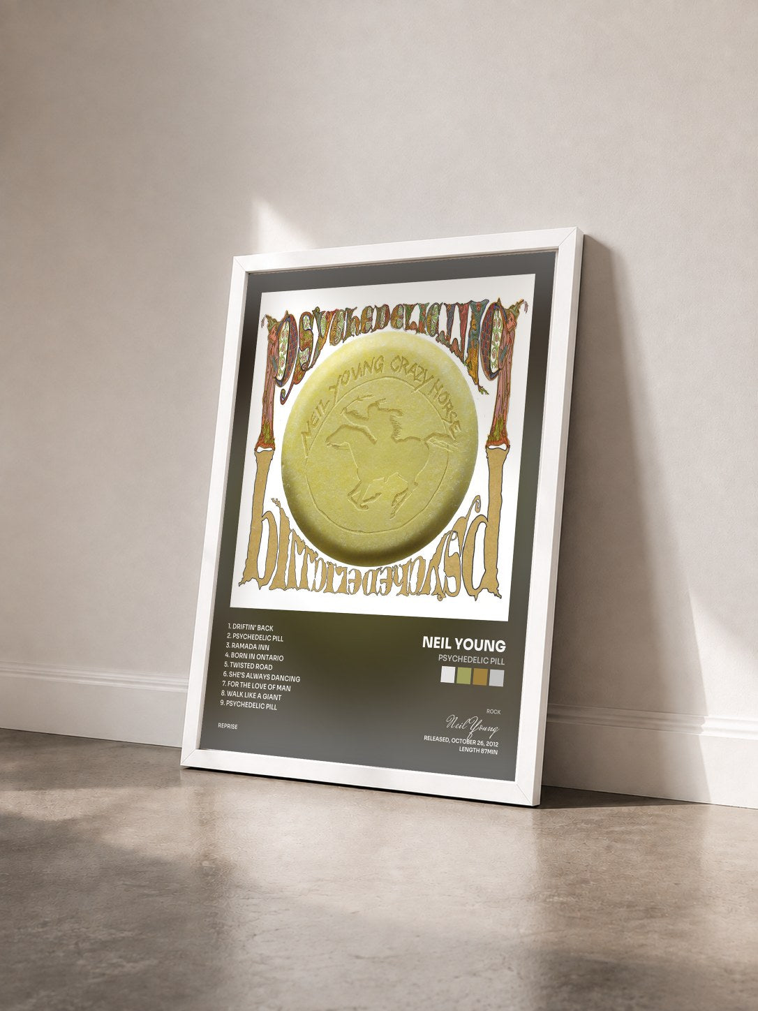 #blanc Tableau de l'album Psychedelic Pill de Neil Young vu de trois quarts, cadre blanc