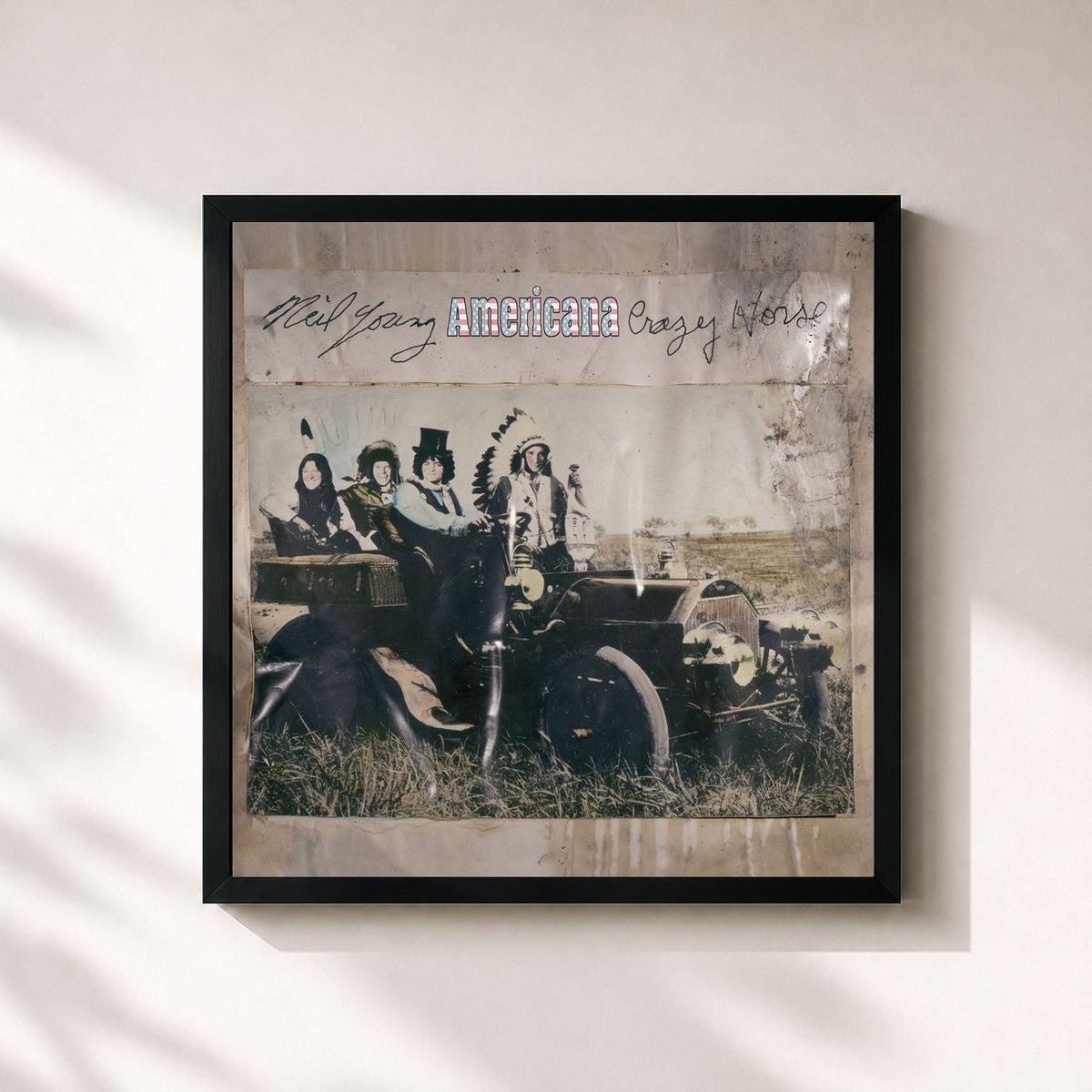 #noir Tableau carré de l'album Americana de Neil Young, cadre noir 32x32 cm