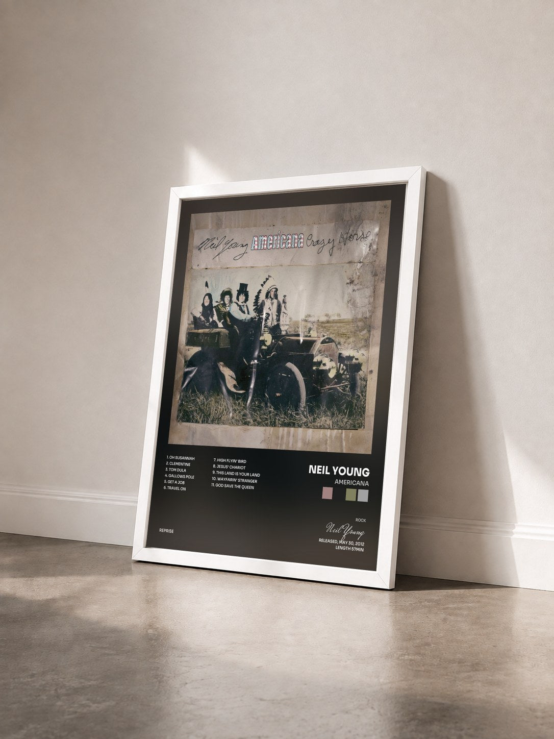 #blanc Tableau de l'album Americana de Neil Young vu de trois quarts, cadre blanc