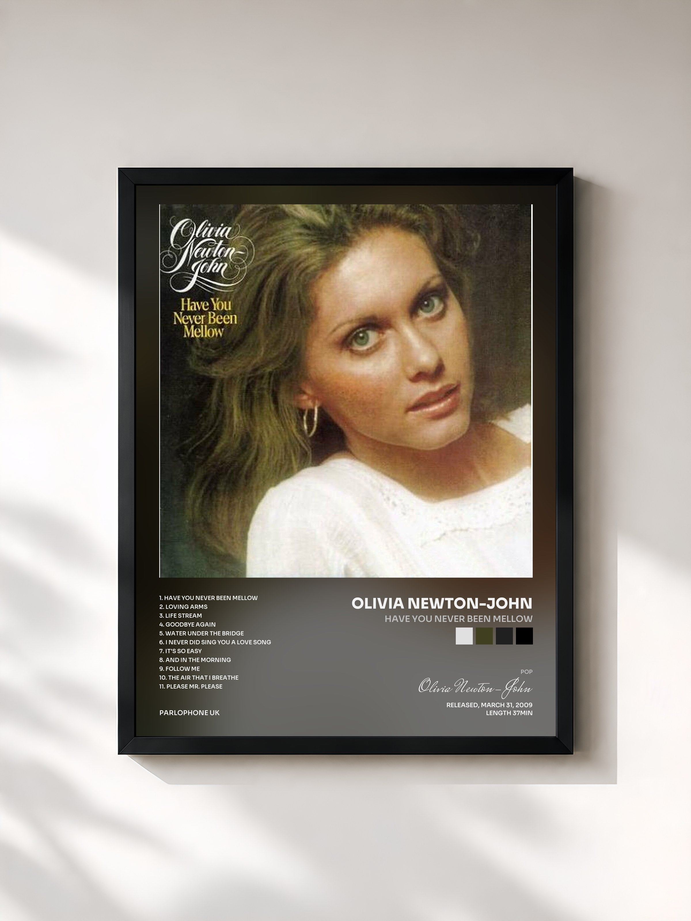 #noir Tableau de l'album Have You Never Been Mellow de Olivia Newton-John, cadre noir, imprimé et encadré en France