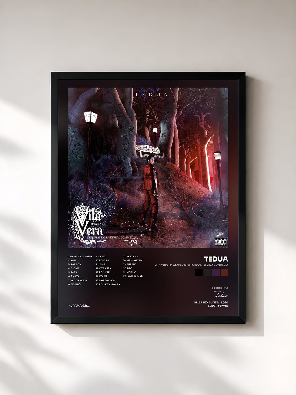 #noir Tableau de l'album Vita Vera - Mixtape, aspettando la Divina Commedia de Tedua, cadre noir, imprimé et encadré en France