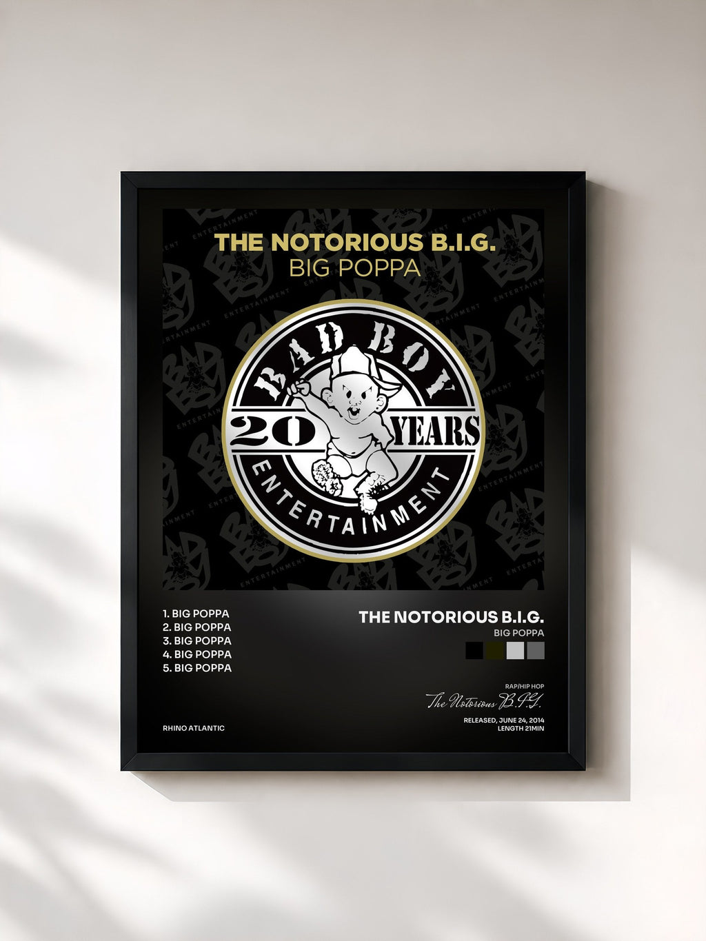 #noir Tableau de l'album Big Poppa de The Notorious B.I.G., cadre noir, imprimé et encadré en France