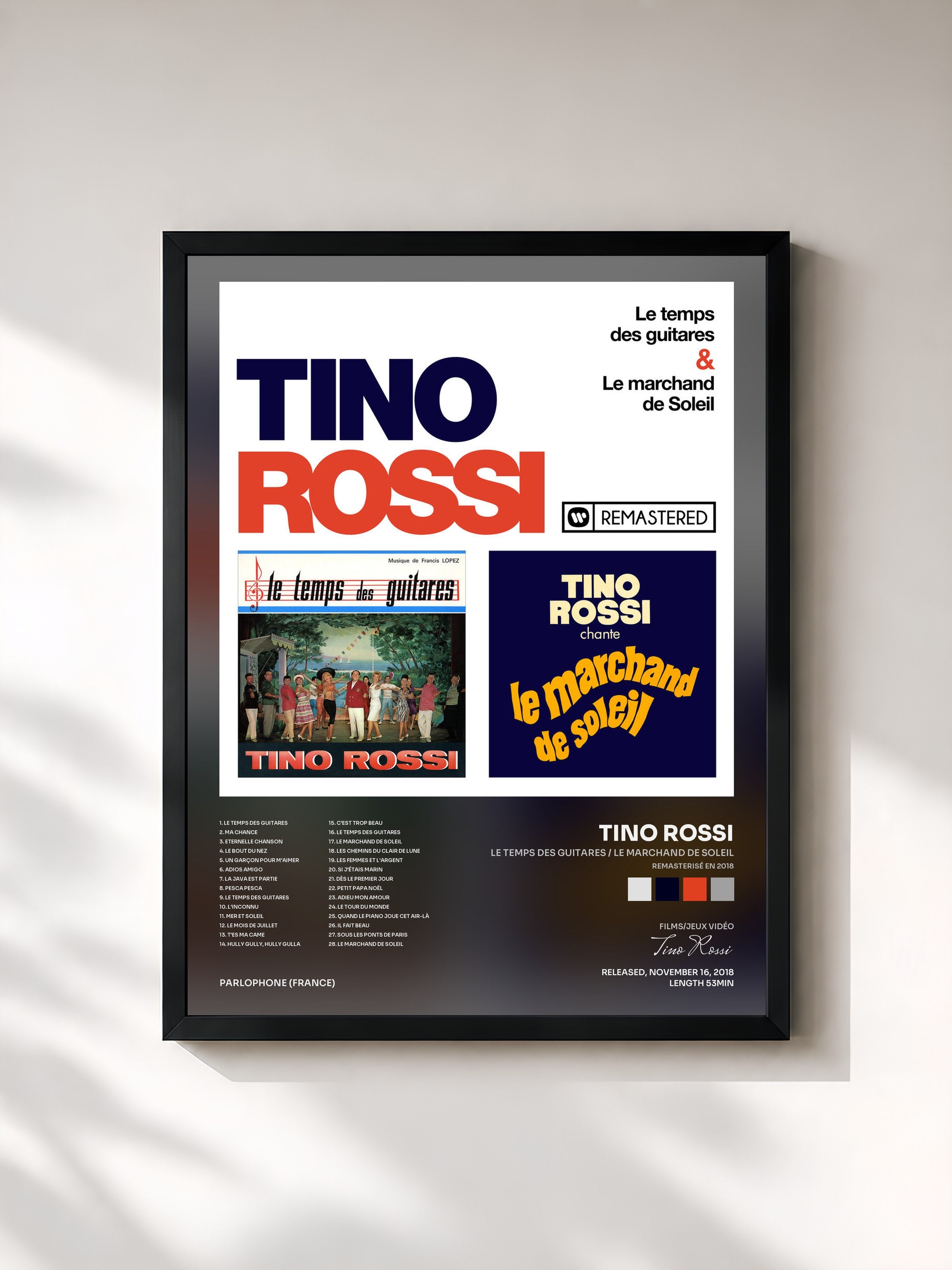 #noir Tableau de l'album Le temps des guitares / Le marchand de soleil (Remasterisé en 2018) de Tino Rossi, cadre noir, imprimé et encadré en France