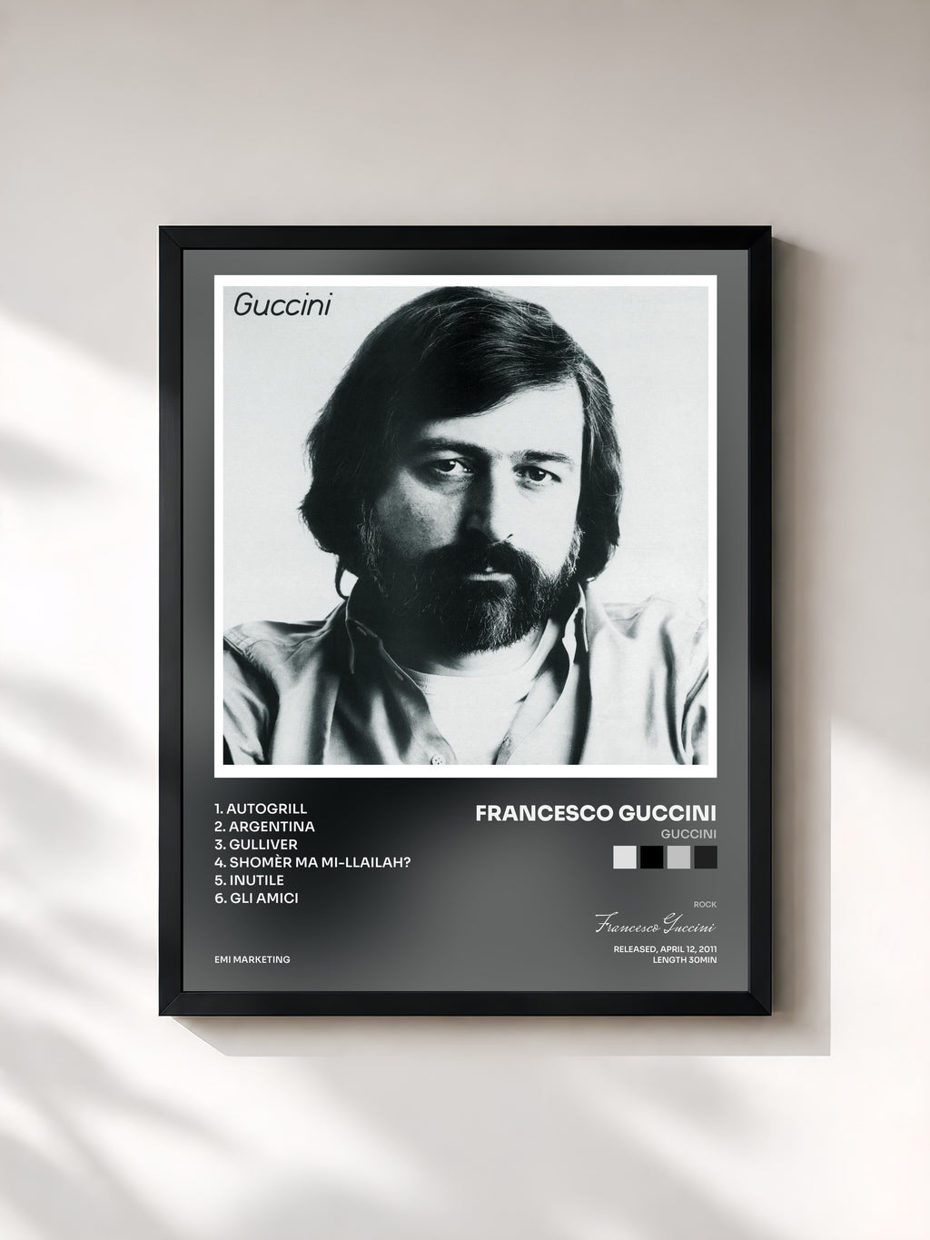 #noir Tableau de l'album Guccini de Francesco Guccini, cadre noir, imprimé et encadré en France