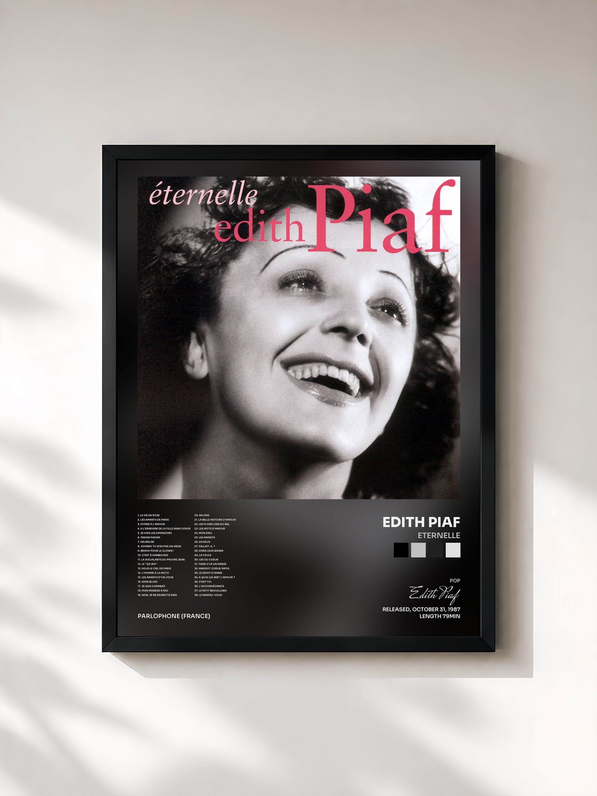 #noir Tableau de l'album Eternelle de Edith Piaf, cadre noir, imprimé et encadré en France