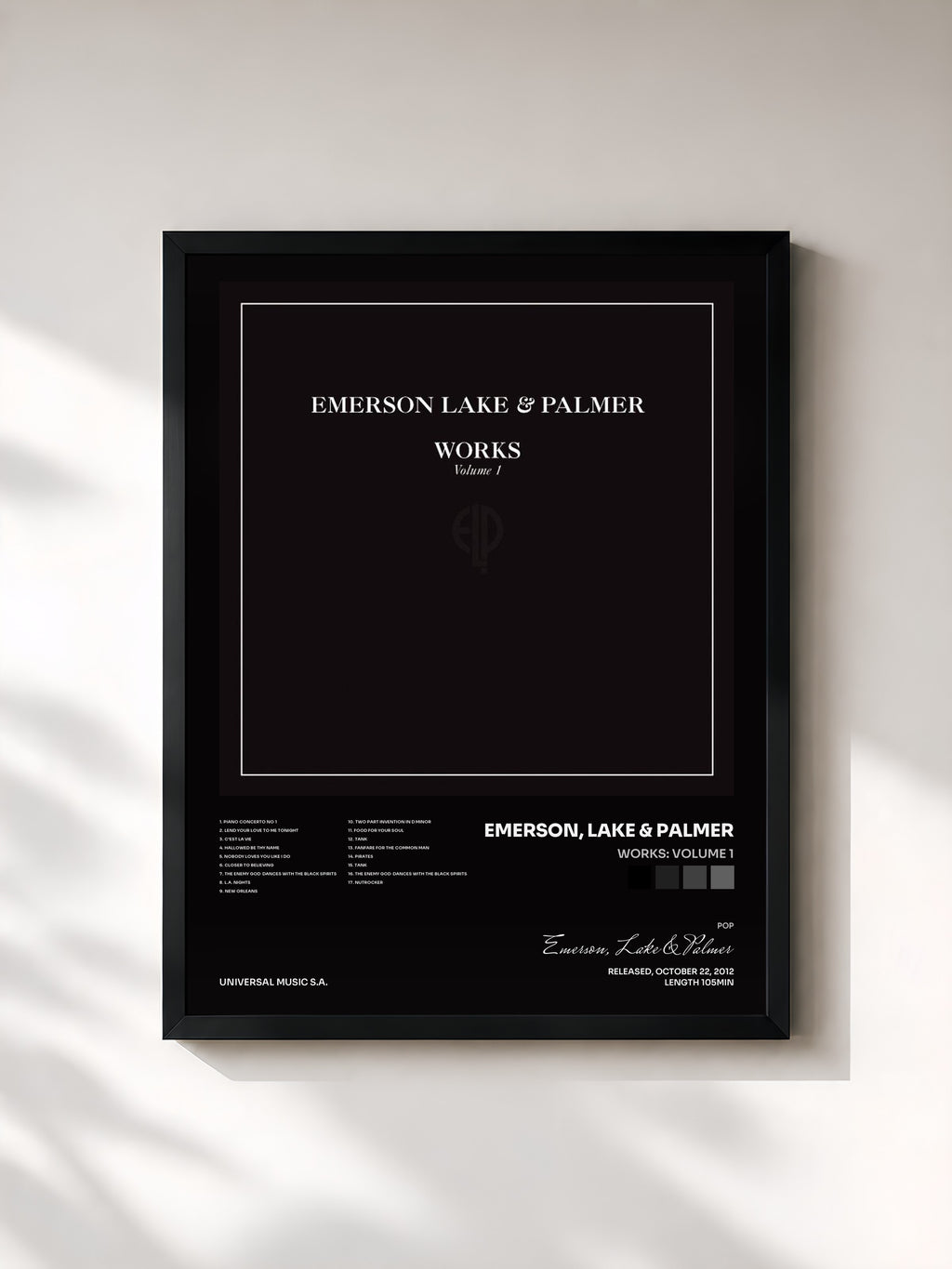 #noir Tableau de l'album Works: Volume 1 de Emerson, Lake & Palmer, cadre noir, imprimé et encadré en France