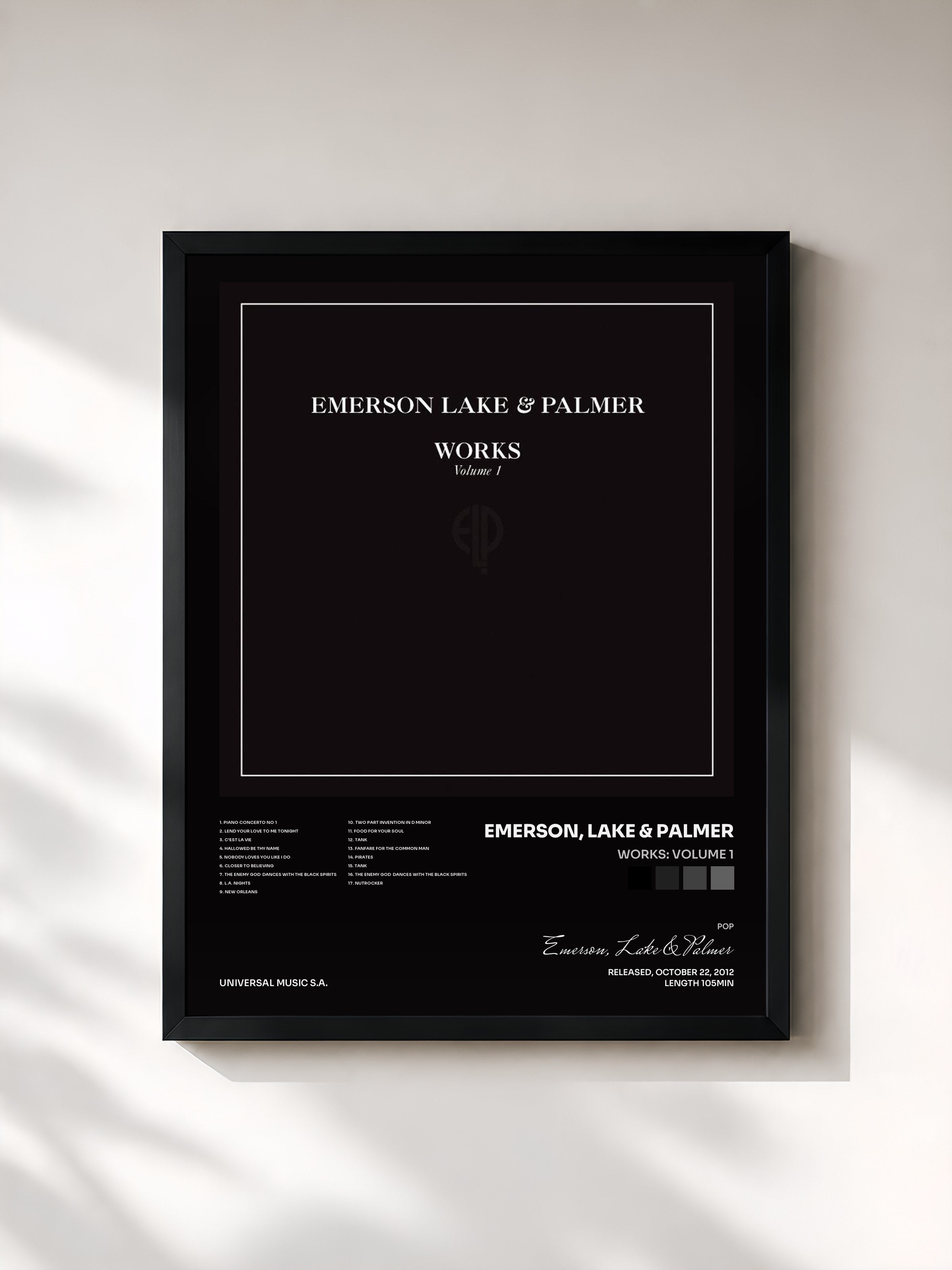 #noir Tableau de l'album Works: Volume 1 de Emerson, Lake & Palmer, cadre noir, imprimé et encadré en France