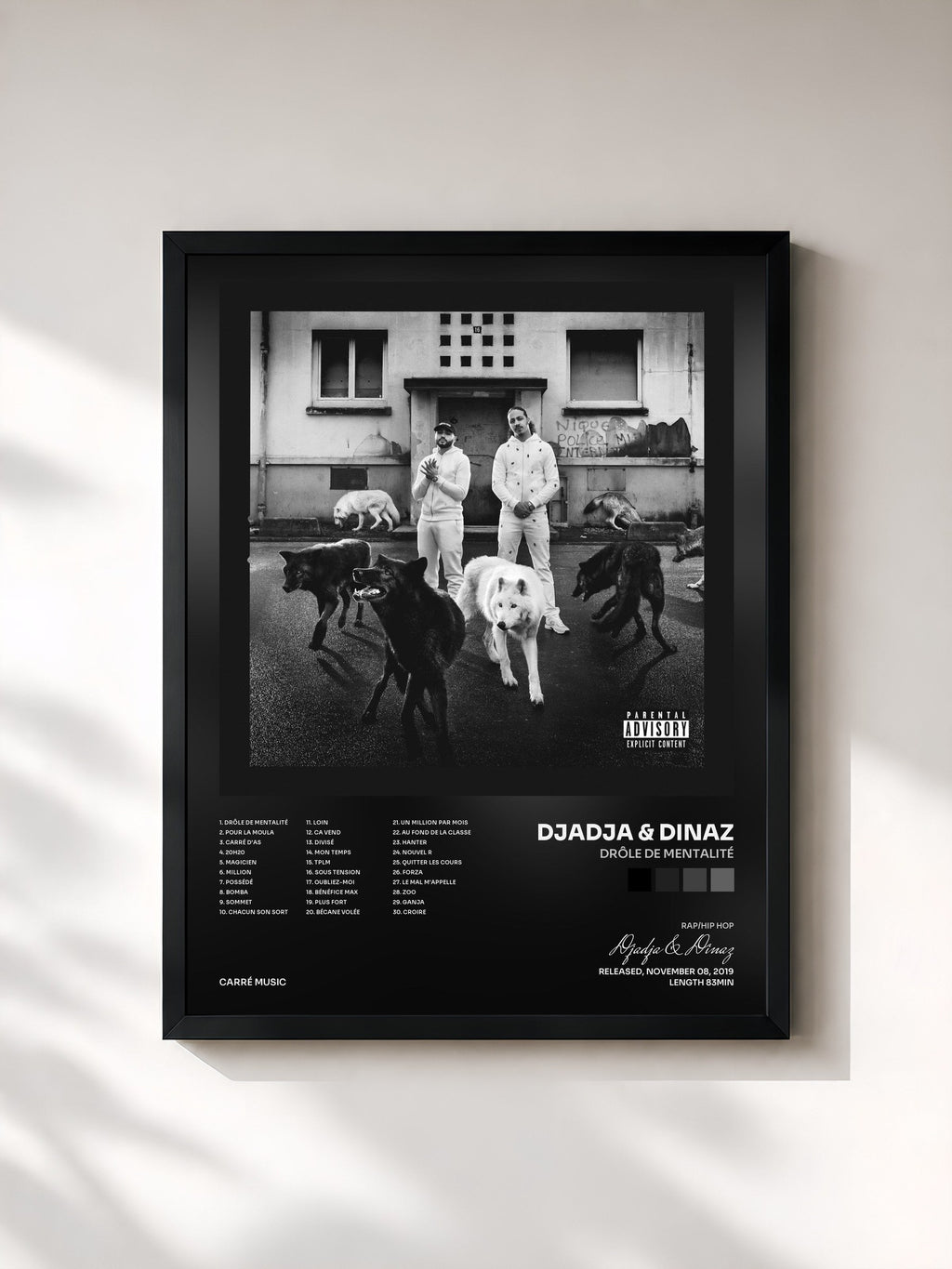 #noir Tableau de l'album Drôle de mentalité de Djadja & Dinaz, cadre noir, imprimé et encadré en France