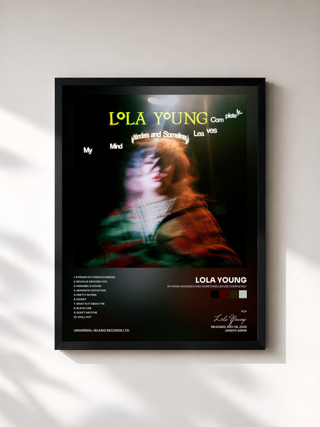 #noir Tableau de l'album My Mind Wanders and Sometimes Leaves Completely de Lola Young, cadre noir, imprimé et encadré en France