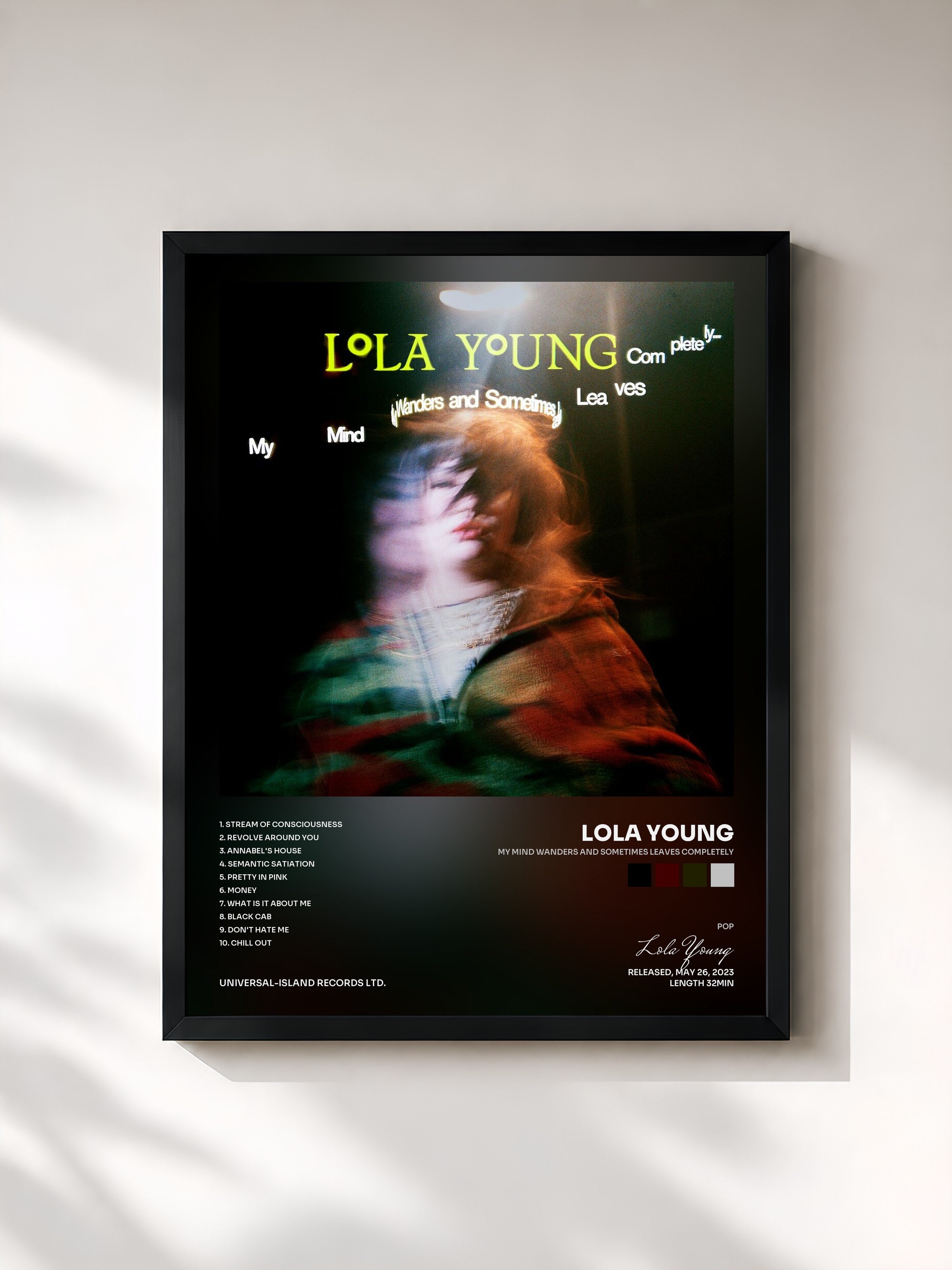 #noir Tableau de l'album My Mind Wanders and Sometimes Leaves Completely de Lola Young, cadre noir, imprimé et encadré en France