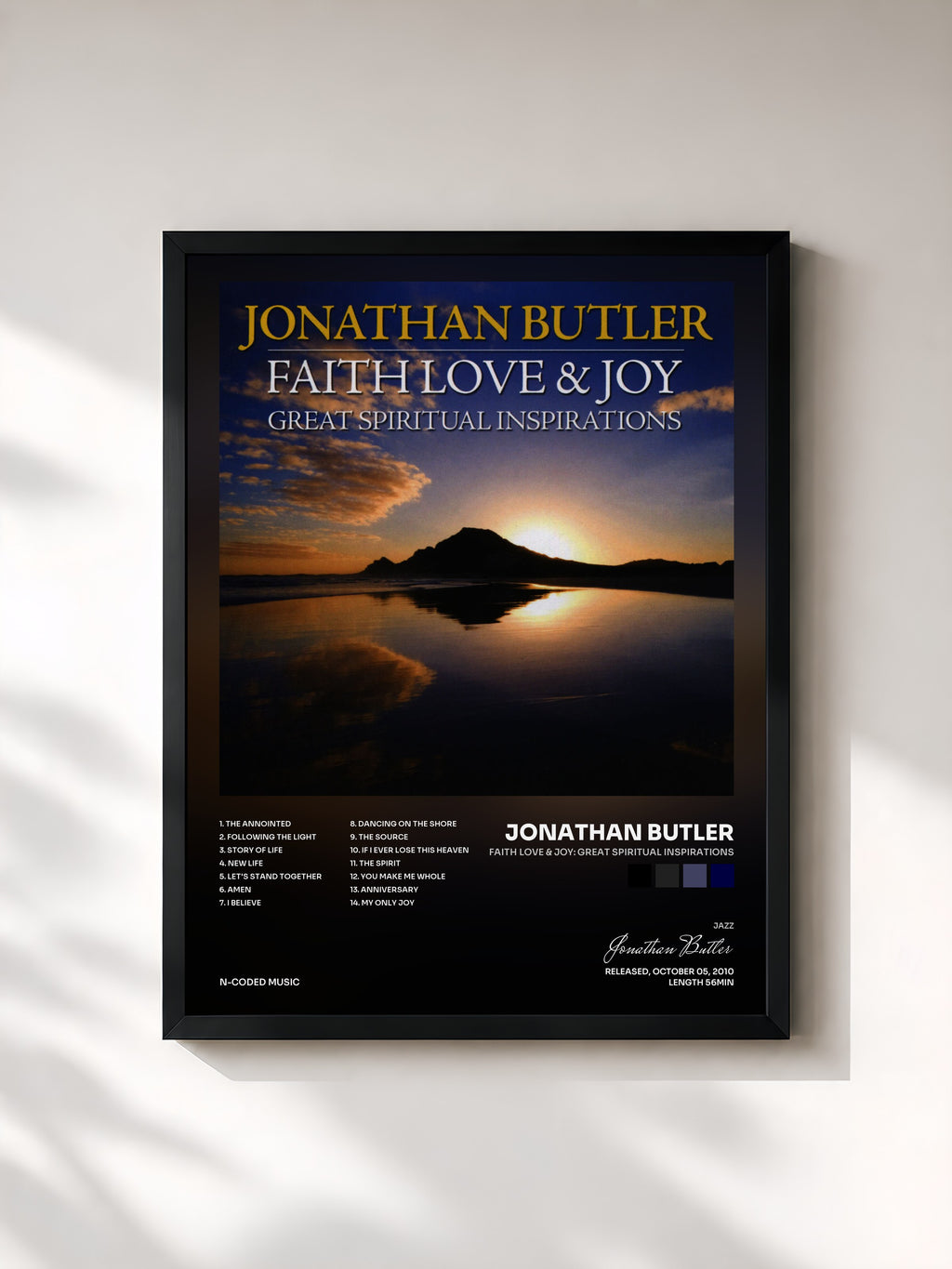 #noir Tableau de l'album Faith Love & Joy: Great Spiritual Inspirations de Jonathan Butler, cadre noir, imprimé et encadré en France