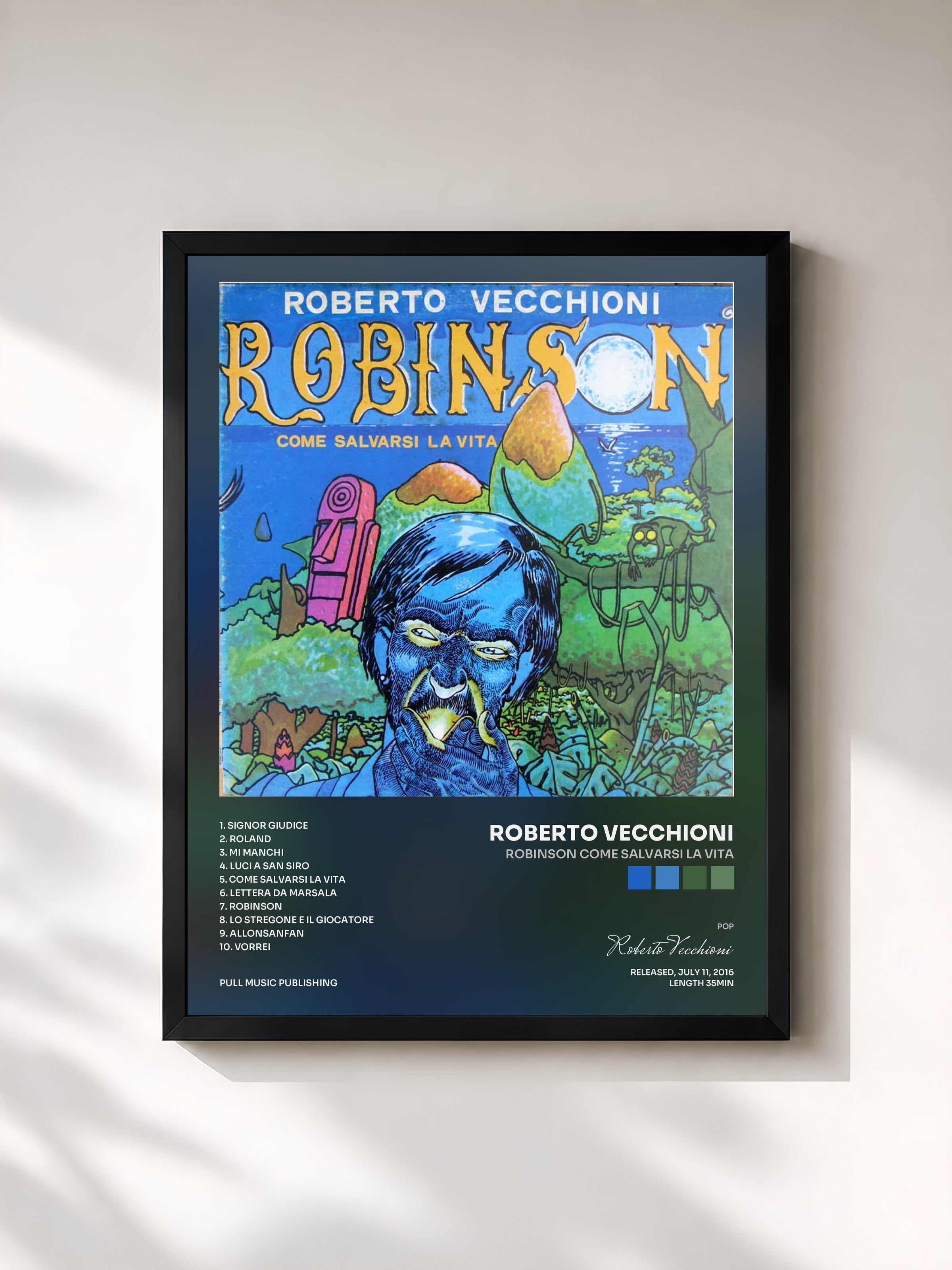 #noir Tableau de l'album Robinson come salvarsi la vita de Roberto Vecchioni, cadre noir, imprimé et encadré en France