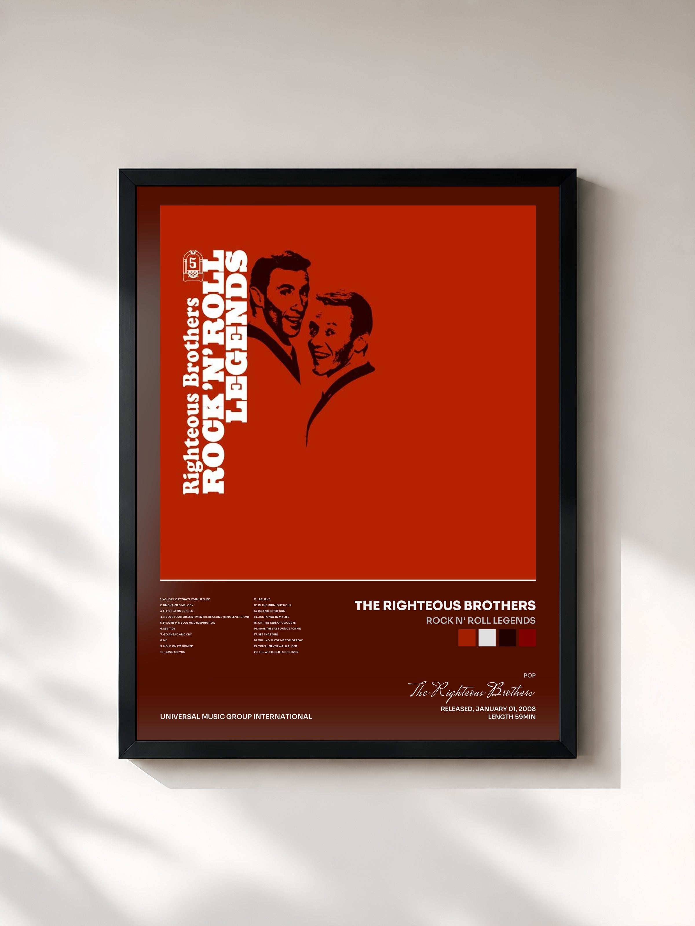 #noir Tableau de l'album Rock N' Roll Legends de The Righteous Brothers, cadre noir, imprimé et encadré en France