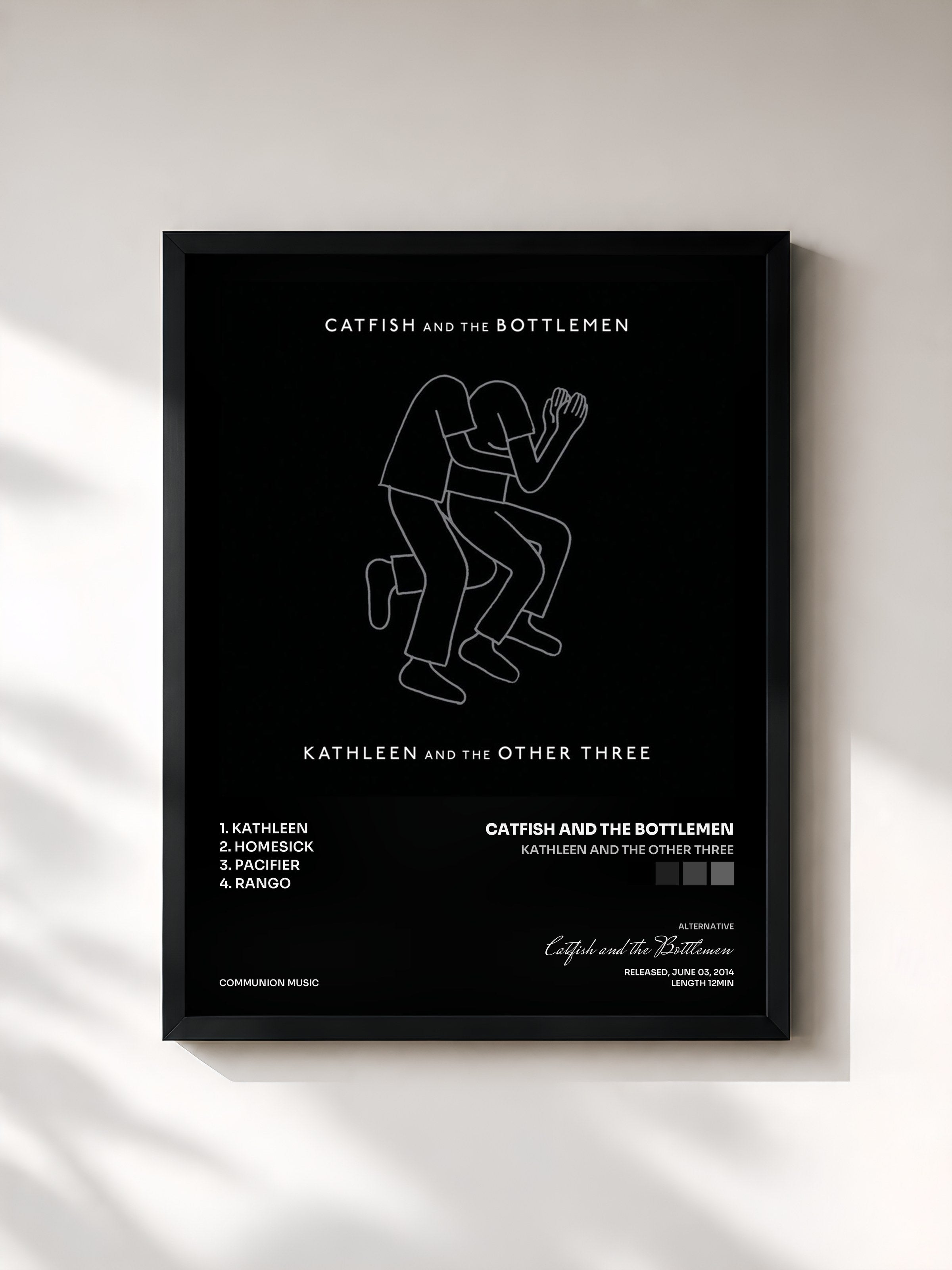 #noir Tableau de l'album Kathleen And The Other Three de Catfish and the Bottlemen, cadre noir, imprimé et encadré en France