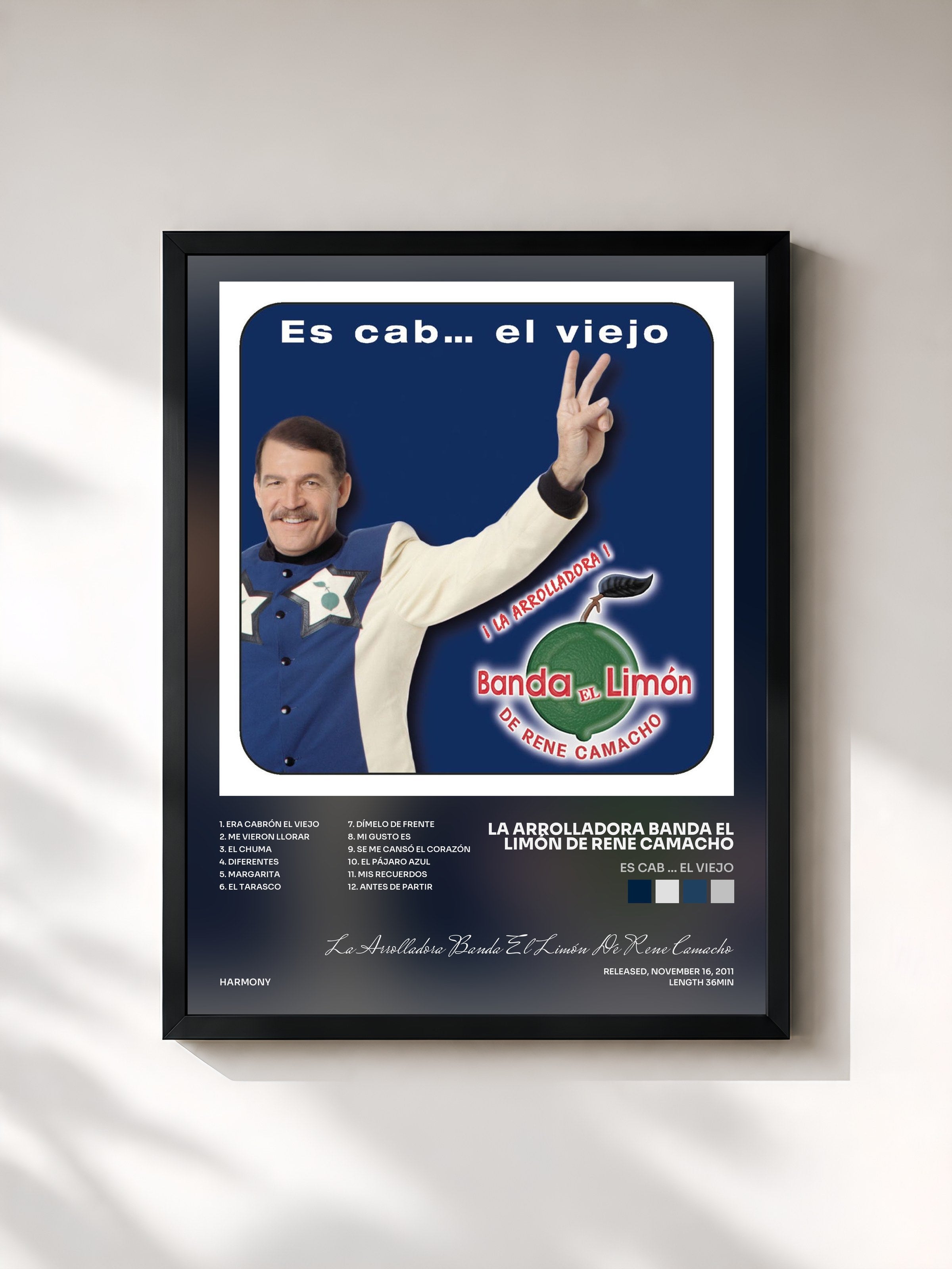 #noir Tableau de l'album Es Cab ... El Viejo de La Arrolladora Banda El Limón De Rene Camacho, cadre noir, imprimé et encadré en France