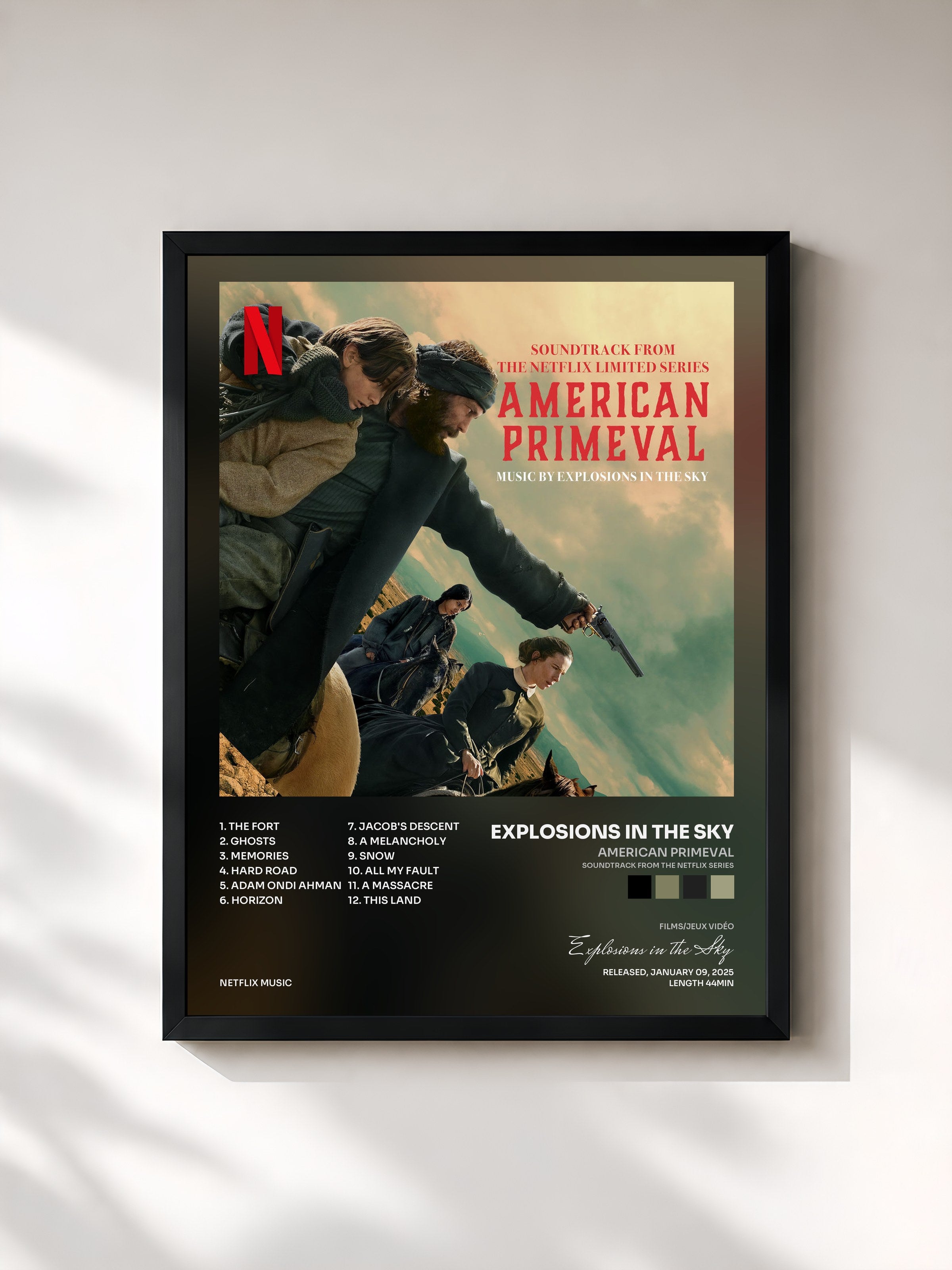 #noir Tableau de l'album American Primeval (Soundtrack from the Netflix Series) de Explosions in the Sky, cadre noir, imprimé et encadré en France