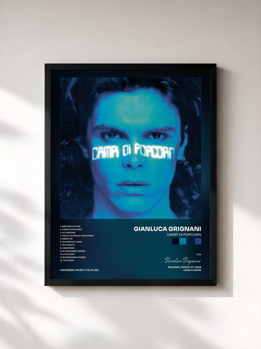 #noir Tableau de l'album Campi Di Popcorn de Gianluca Grignani, cadre noir, imprimé et encadré en France
