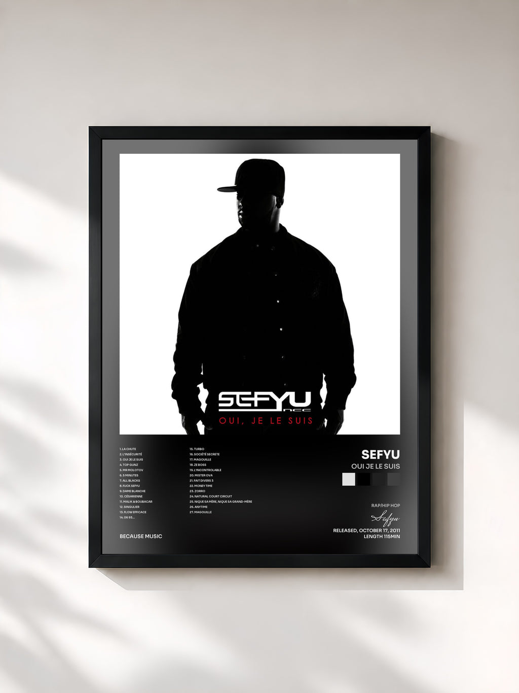 #noir Tableau de l'album Oui Je Le Suis de Sefyu, cadre noir, imprimé et encadré en France