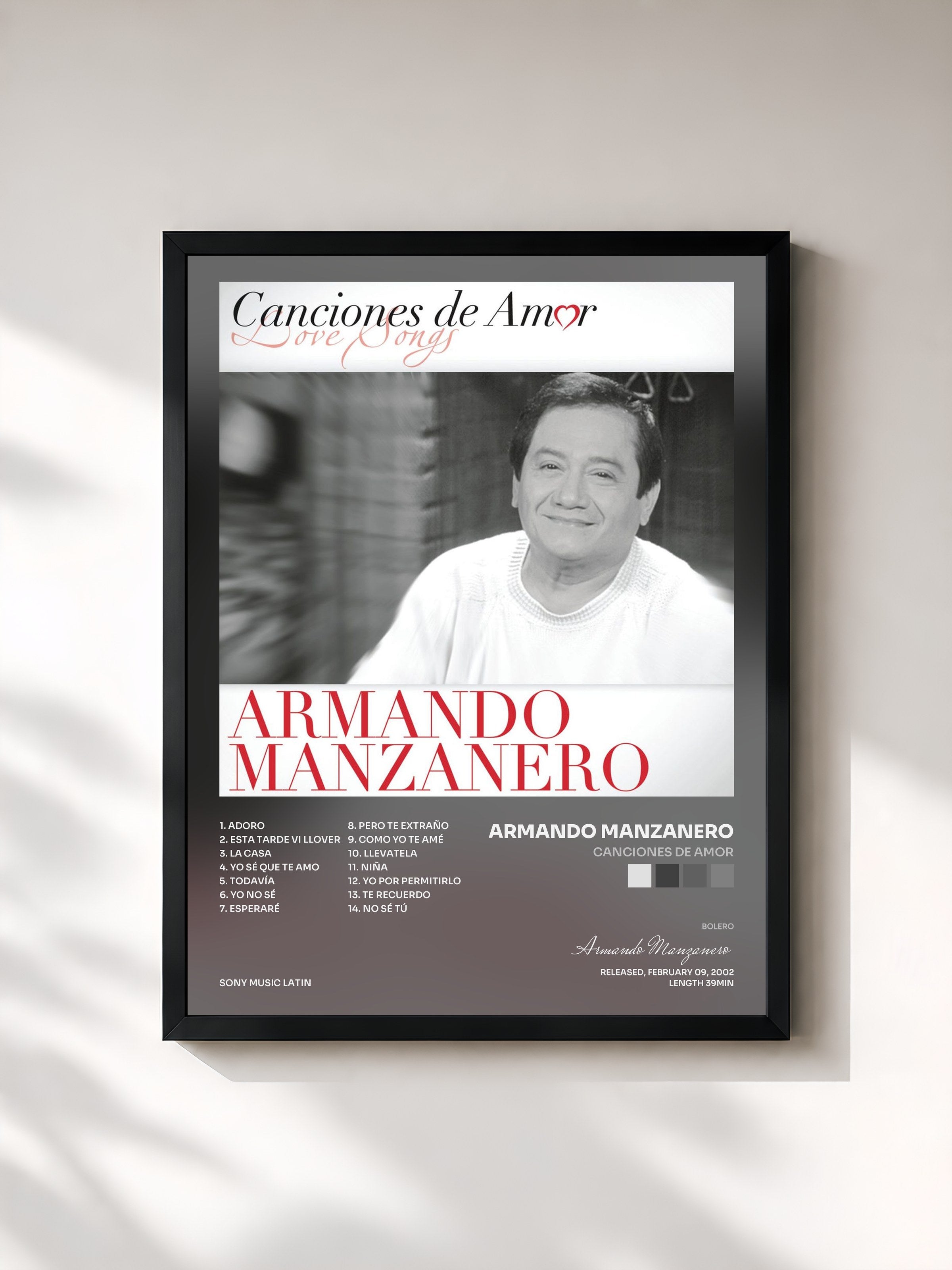 #noir Tableau de l'album Canciones De Amor de Armando Manzanero, cadre noir, imprimé et encadré en France