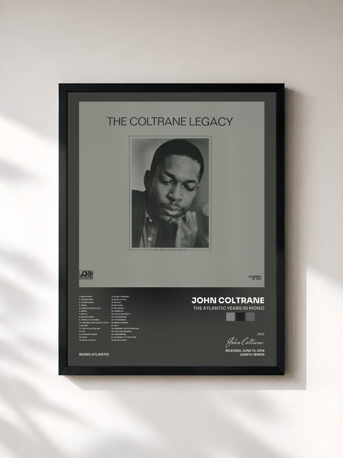 #noir Tableau de l'album The Atlantic Years in Mono de John Coltrane, cadre noir, imprimé et encadré en France