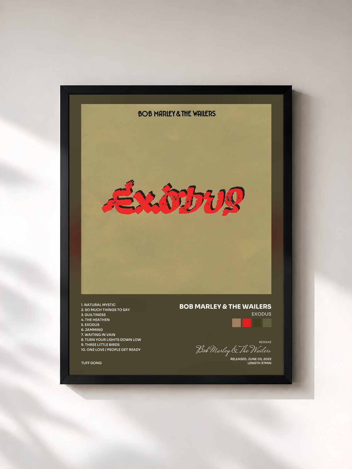#noir Tableau de l'album Exodus de Bob Marley & The Wailers, cadre noir, imprimé et encadré en France