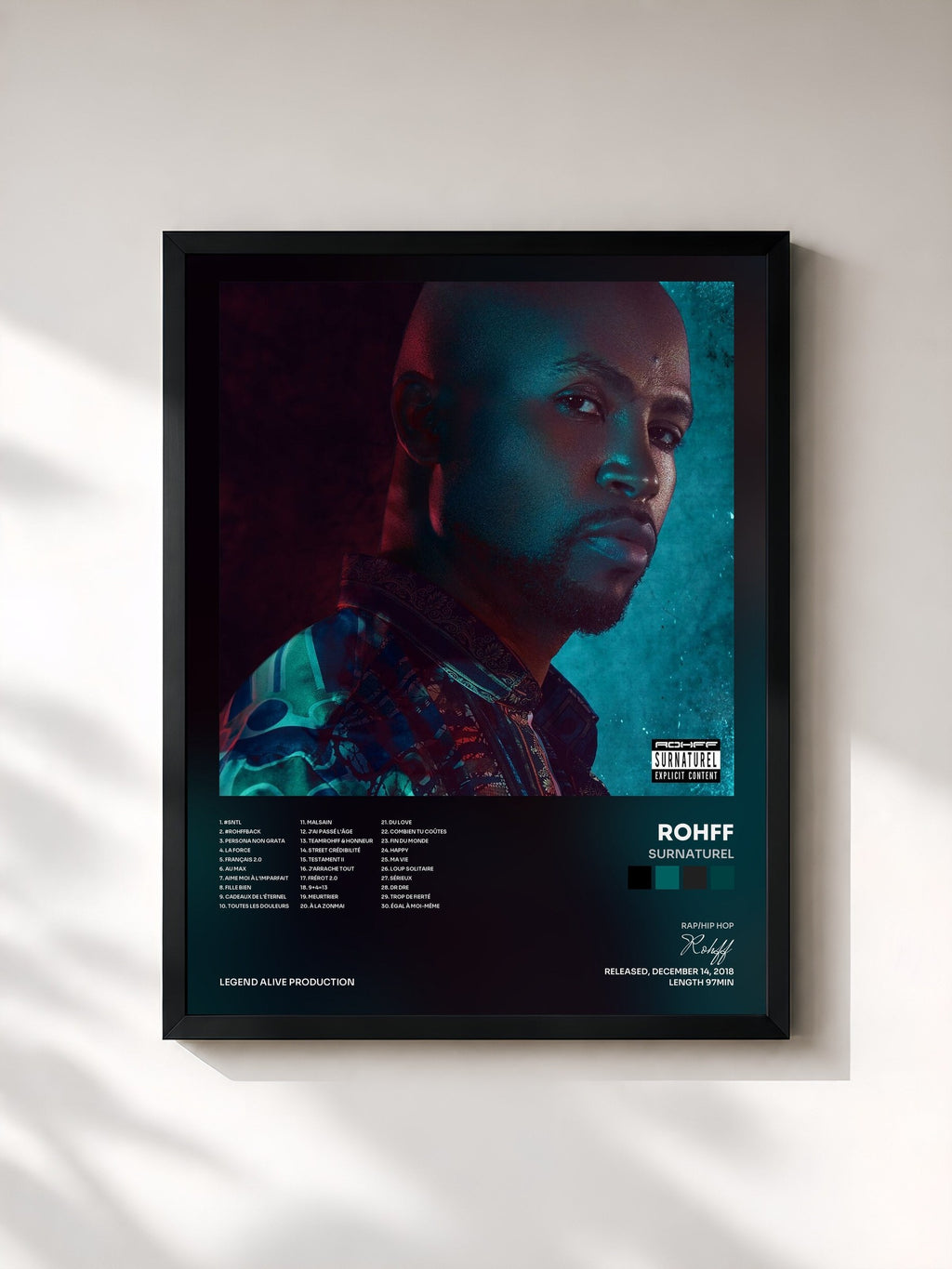 #noir Surnaturel de Rohff en lámina enmarcada, marco negro, impresa y enmarcada en Francia