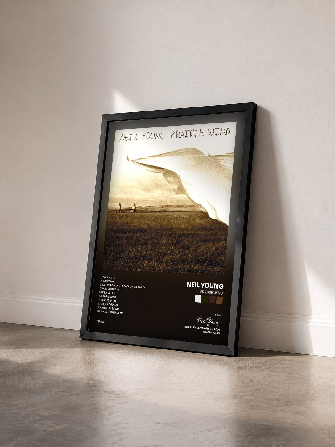 #noir Tableau de l'album Prairie Wind de Neil Young vu de trois quarts, cadre noir
