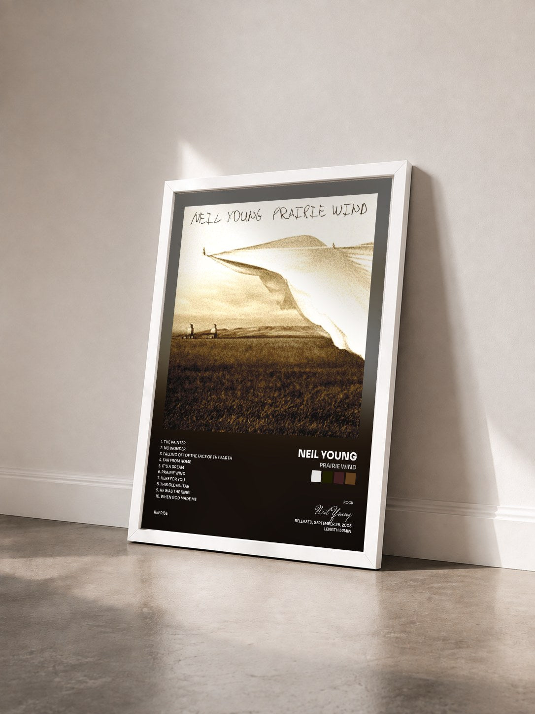 #blanc Tableau de l'album Prairie Wind de Neil Young vu de trois quarts, cadre blanc