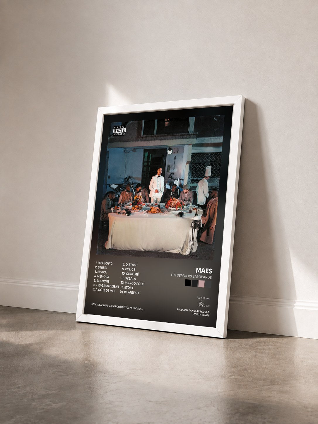 #blanc Tableau de l'album Les derniers salopards de Maes vu de trois quarts, cadre blanc